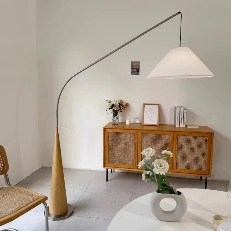 LumiArc – Luxe Houten Boogvloerlamp met Stoffen Kap