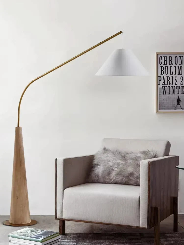LumiArc – Luxe Houten Boogvloerlamp met Stoffen Kap