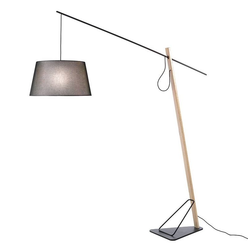 Angel Cerda - Staande Lamp In Zwart Staal En Eikenhout Met Stoffen Lampenkap