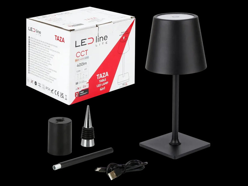 LED Tafellamp IP54 – TAZA 3,5W – 400Lm – CCT 3000K/4000K/5000K – Zwart – 2x2000mAh Accu – 4in1 LITE | Draagbaar & Oplaadbaar Werklicht voor Binnen/Buiten